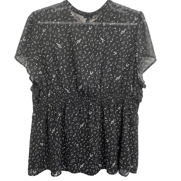 Torrid Music Note Chiffon Top Black White Size 4X Smocked Short Sleeve Blouse - Picture 6 of 12